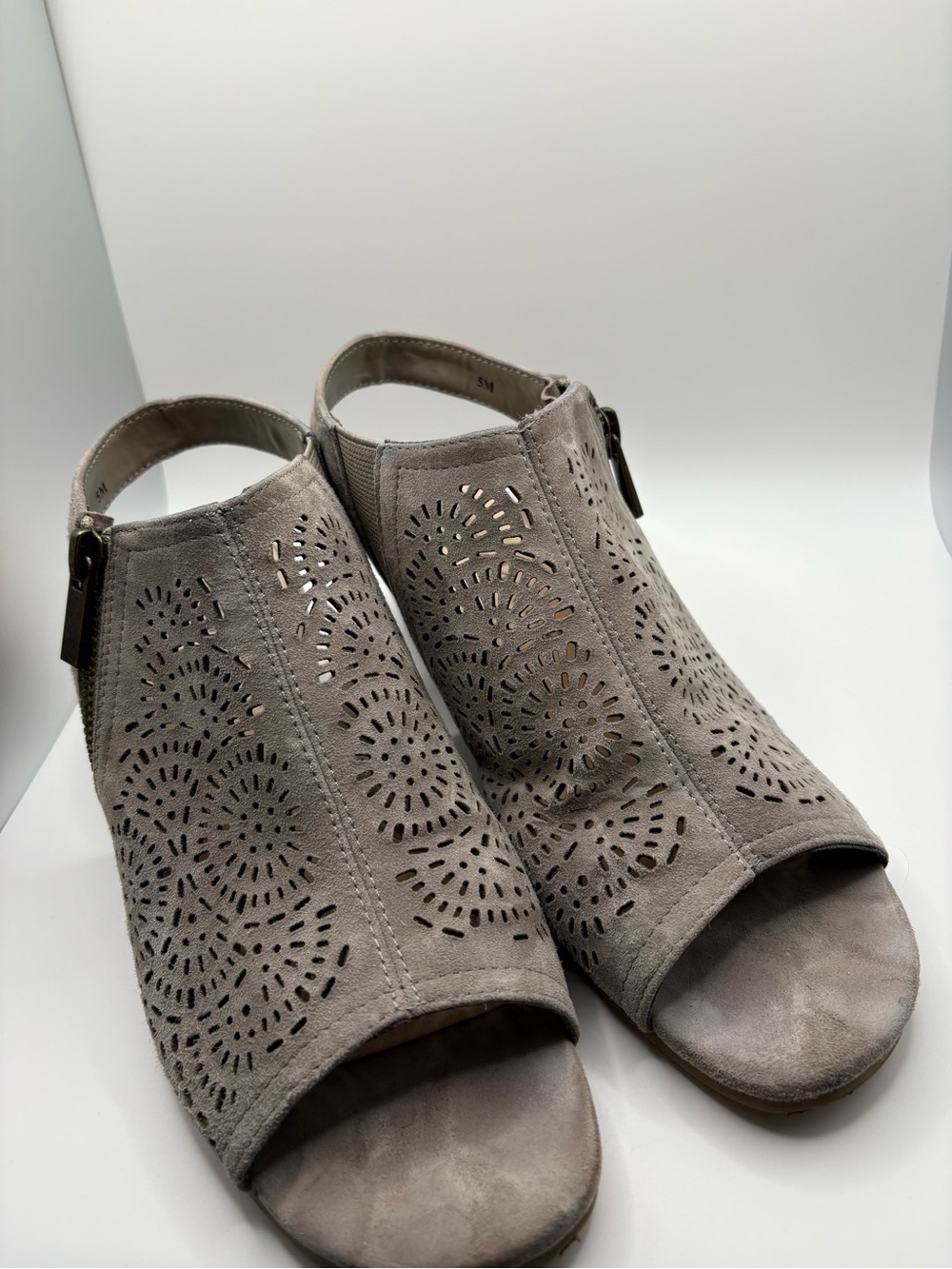Bella Vita Taupe Laser-Cut Open-Toe Slingback Mules